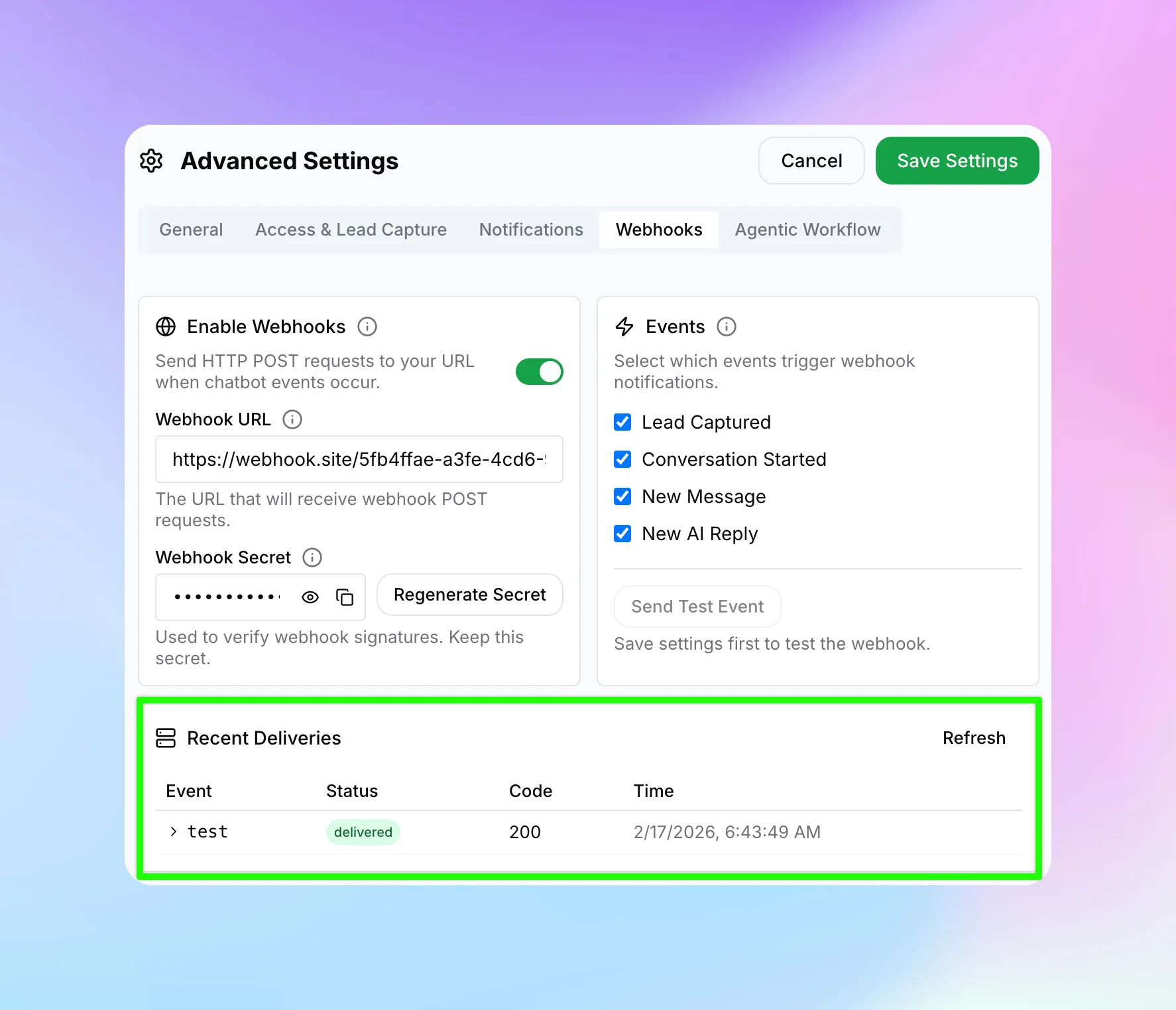 Recent Deliveries table showing event name, delivery status, response code, and timestamp