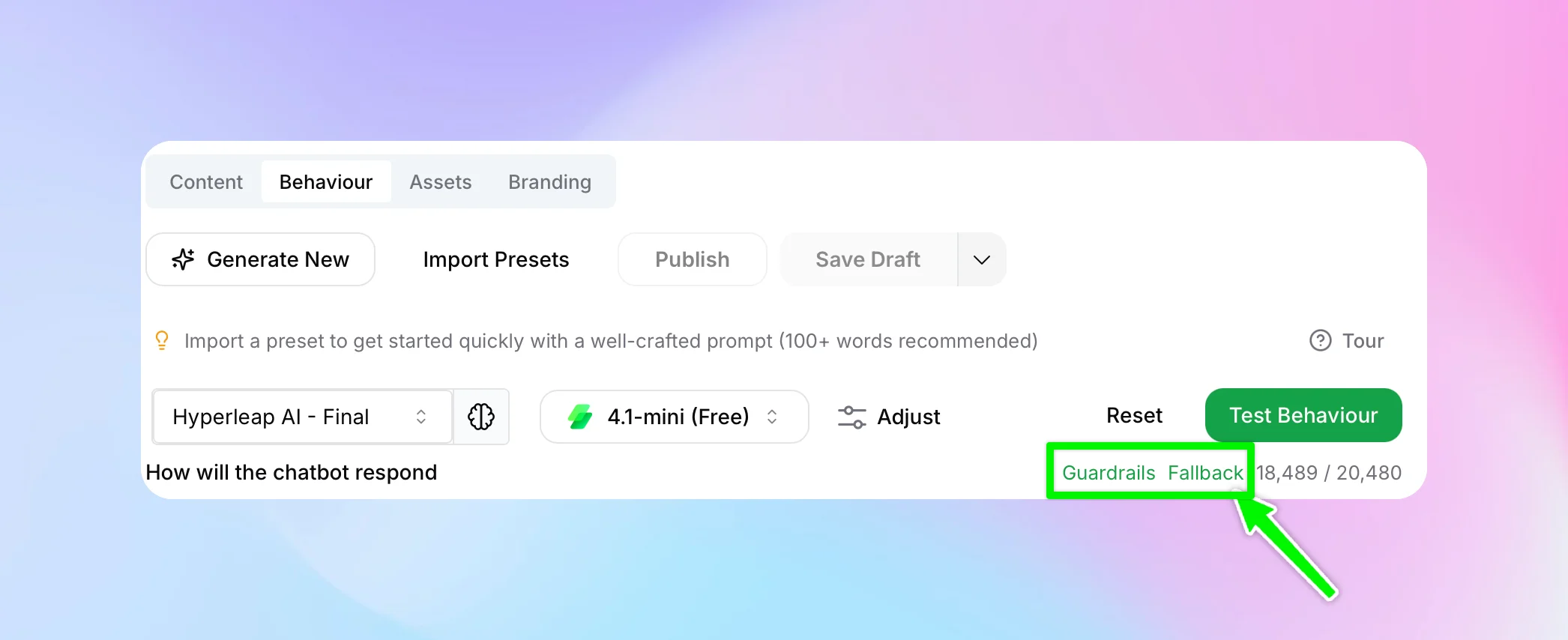 Behaviour tab showing Guardrails and Fallback buttons below the system prompt