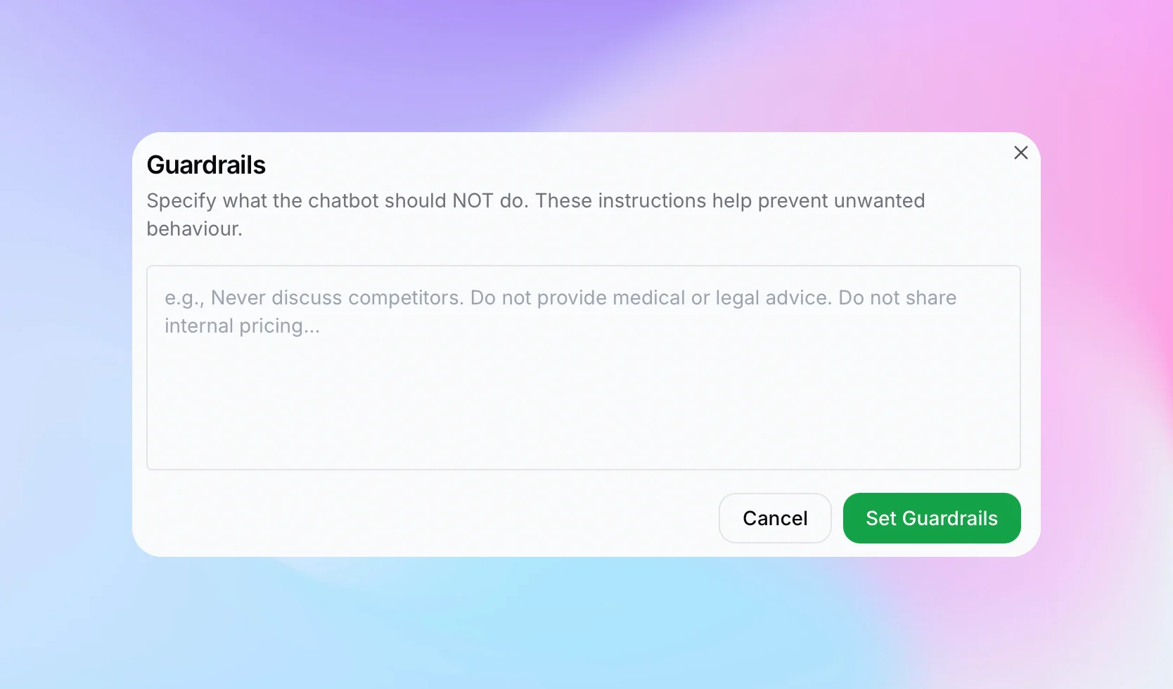 Guardrails modal with text area for specifying chatbot restrictions