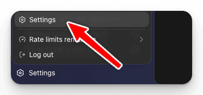 Codex desktop app menu in the bottom-left corner with Settings highlighted