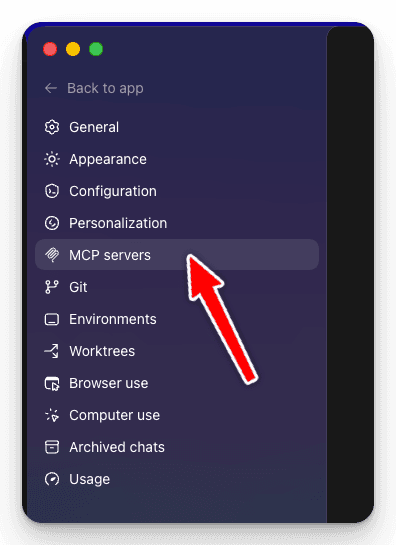 Codex Settings sidebar with MCP servers selected