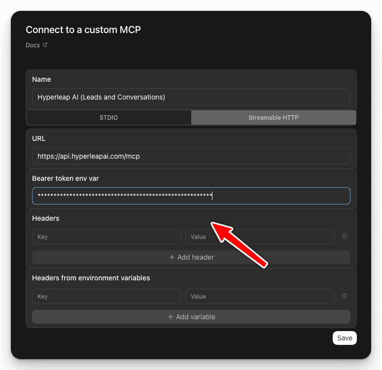 Codex Connect to a custom MCP form with name, URL, and bearer token filled in