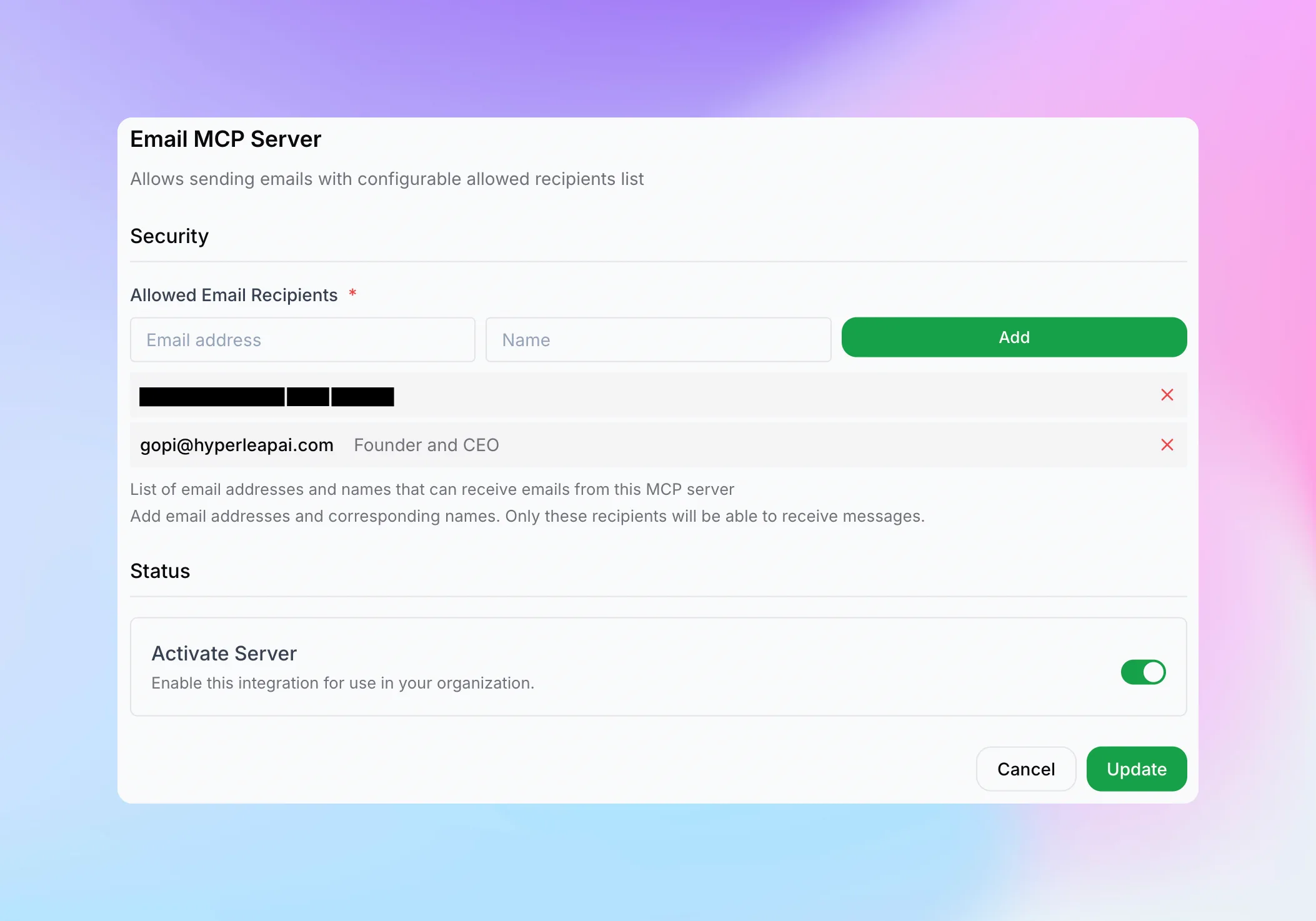 Email MCP Server settings panel showing allowed email recipients