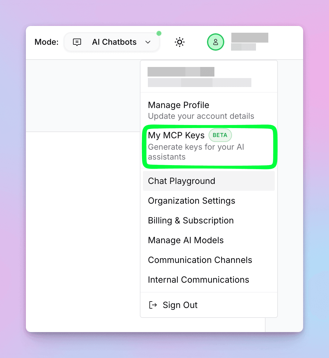 Profile dropdown menu with My MCP Keys option highlighted