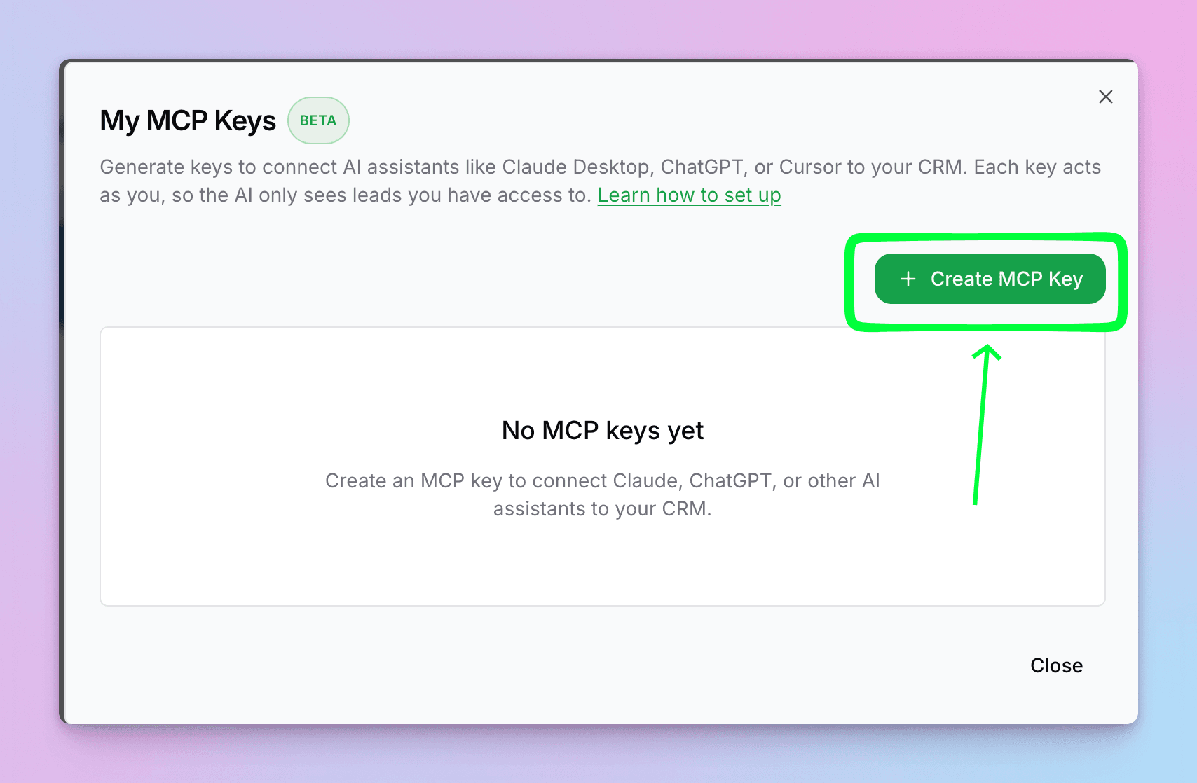 My MCP Keys dialog showing the Create MCP Key button