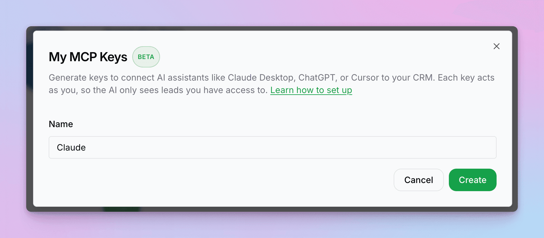 Create MCP Key dialog with name field and Create button