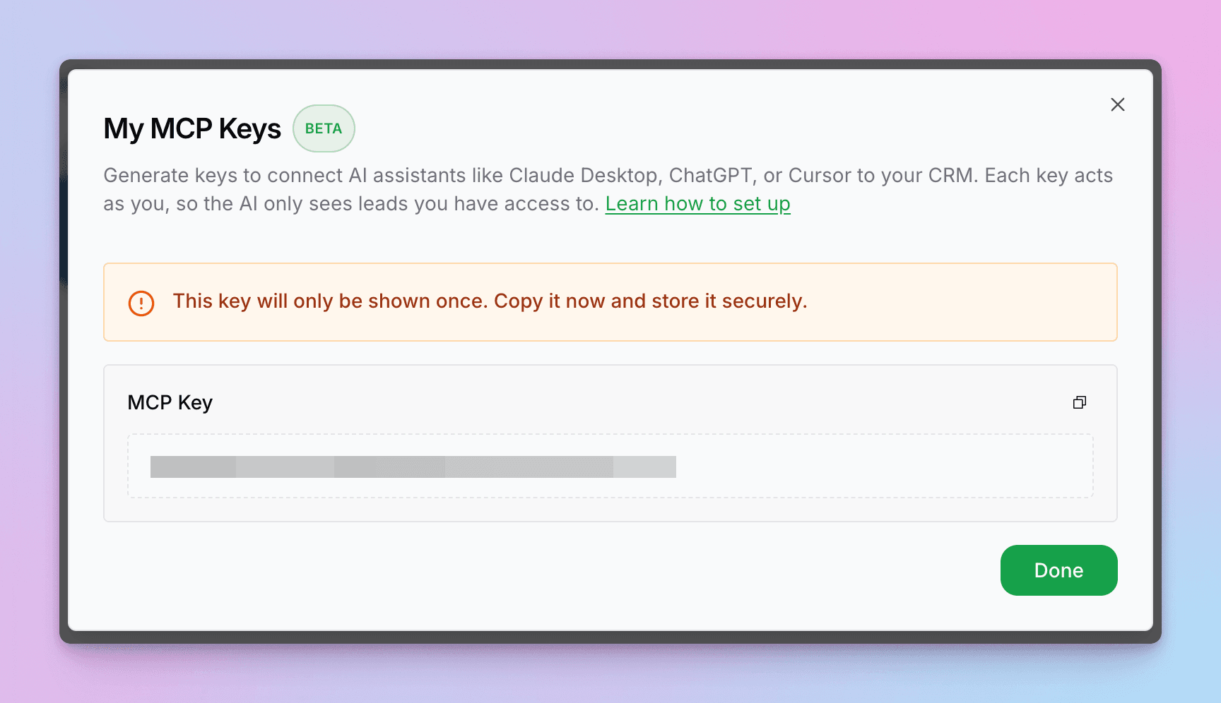 Generated MCP key with copy button and one-time display warning