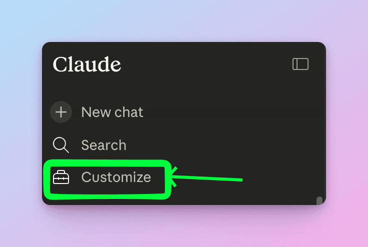 Claude Desktop sidebar with Customize option highlighted