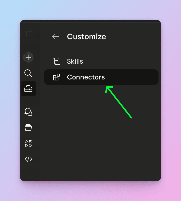 Customize panel showing Connectors option