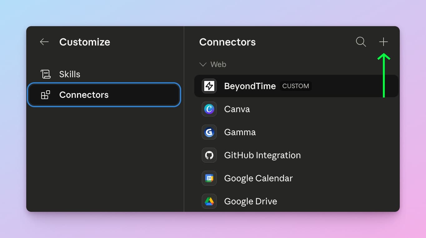 Connectors list with the plus button highlighted