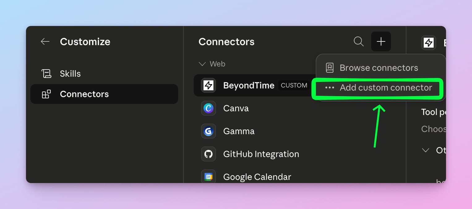 Dropdown menu with Add custom connector option highlighted