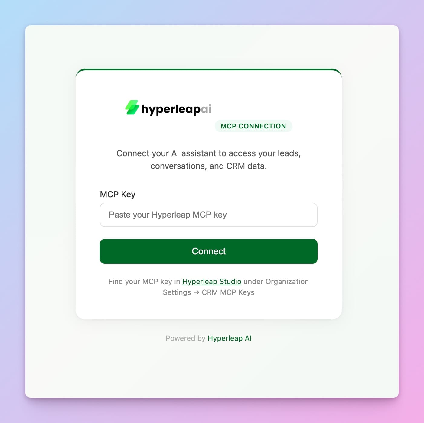 Hyperleap MCP Connection page with MCP Key input field and Connect button