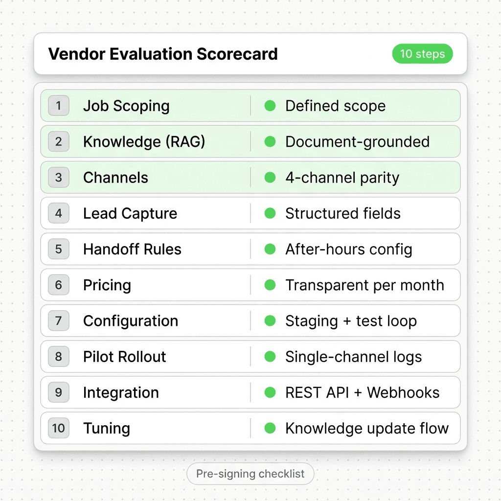 Vendor evaluation scorecard mapping each implementation step to a capability to verify