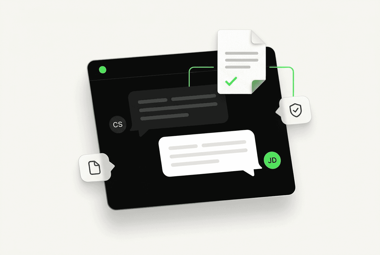 Conceptual chat scene connected to a checked source document and guardrail controls