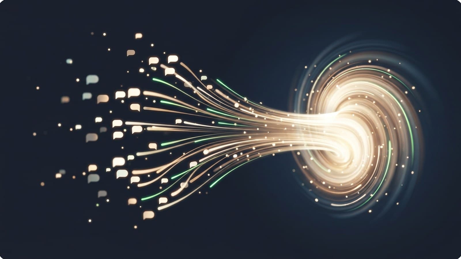Abstract illustration of scattered message bubbles streaming into a single swirling funnel of light, representing many customer questions being organized into one ordered flow