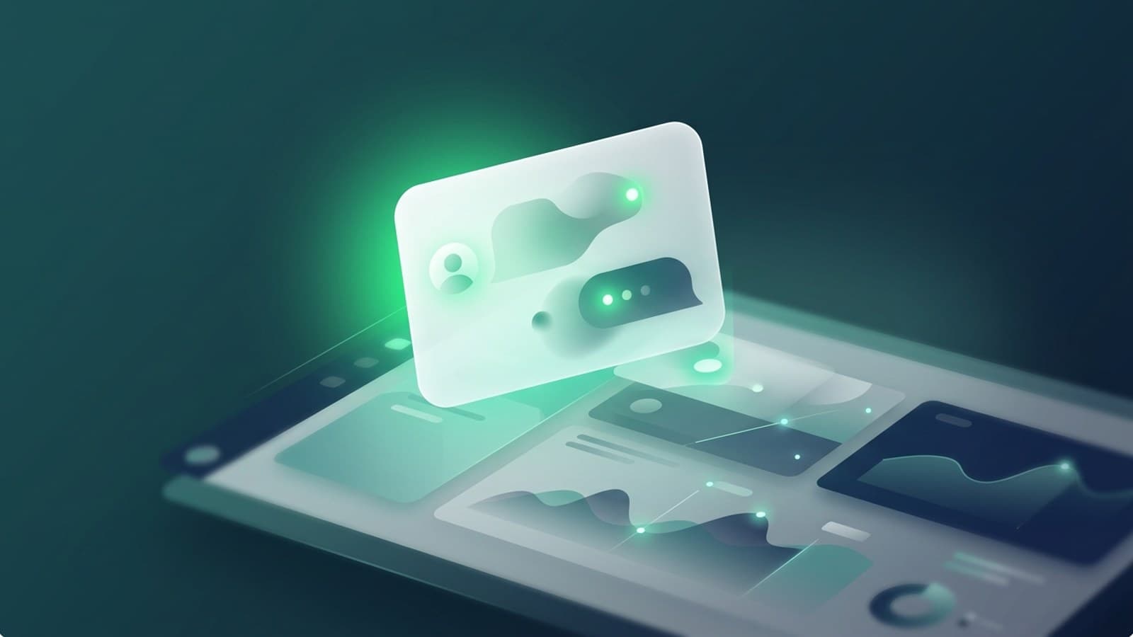 Editorial illustration of a conversational assistant panel floating over a clean, abstract software dashboard with a single green accent, representing a chatbot embedded in a SaaS product