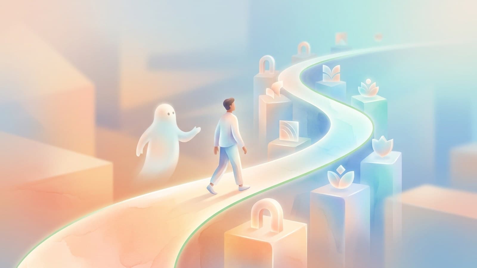 Editorial illustration of a new user walking a glowing upward path past product milestones, with a friendly AI guide alongside, representing a trial user being onboarded to their first success