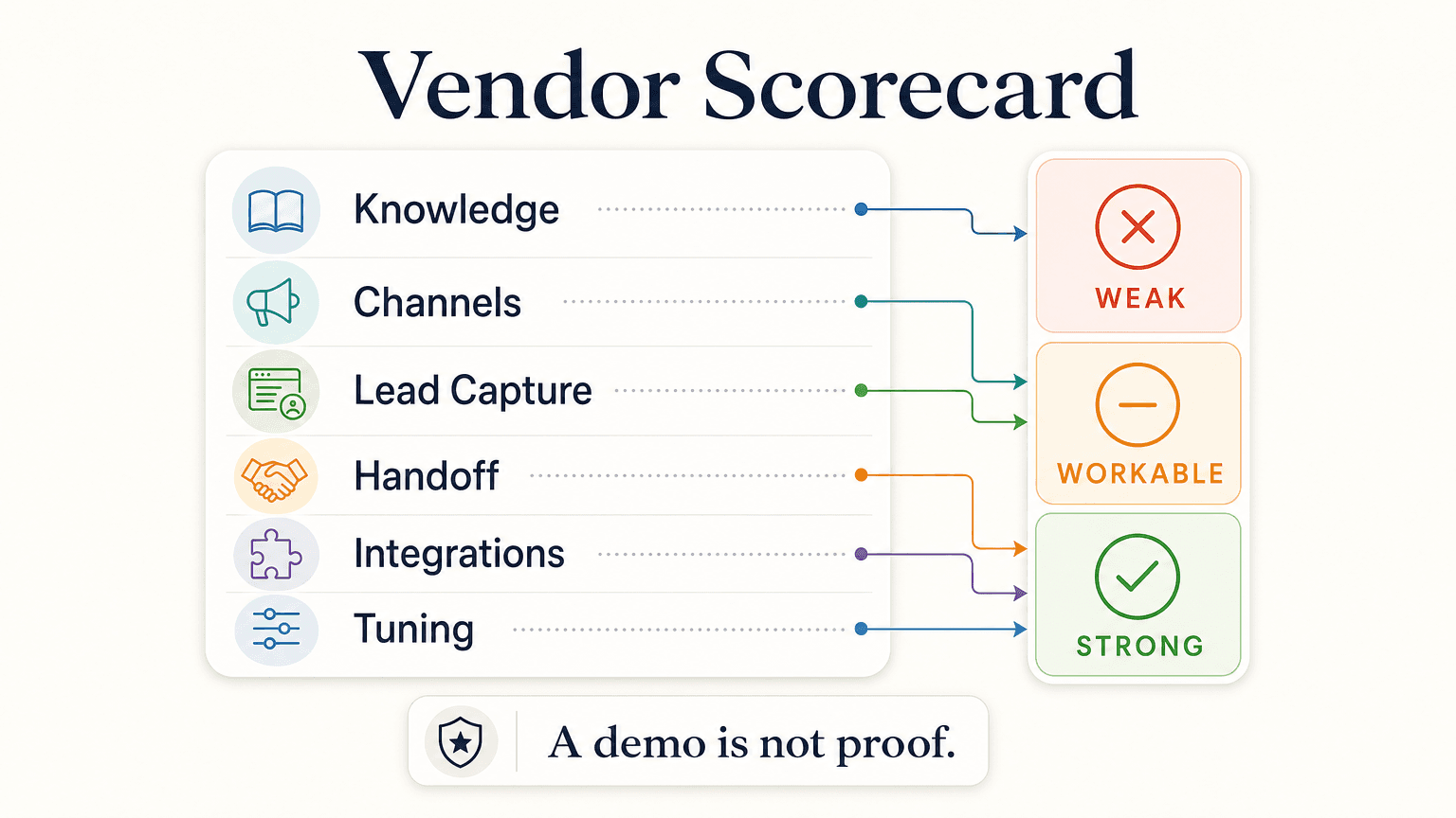 Vendor evaluation scorecard mapping each implementation step to a capability to verify