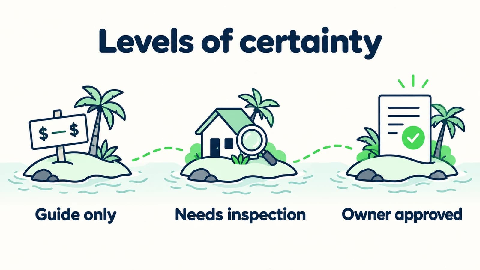 Indicative guidance, inspection and an owner-approved quotation represent different levels of certainty.