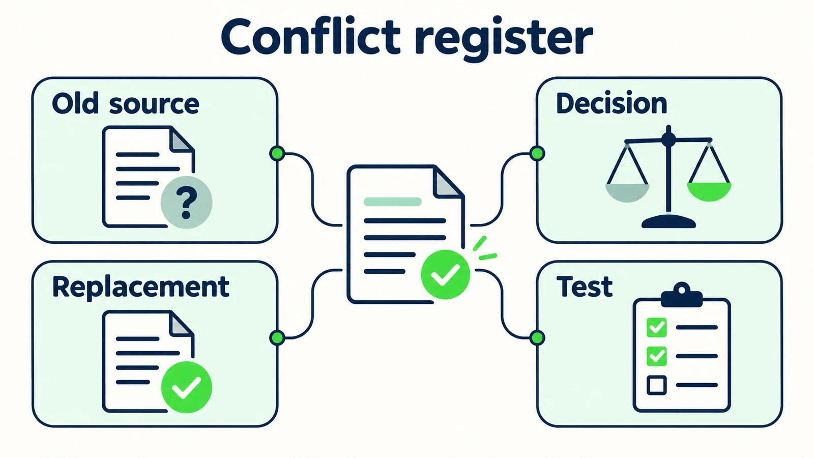 A conflict register connects the old source, owner decision, replacement and retest.