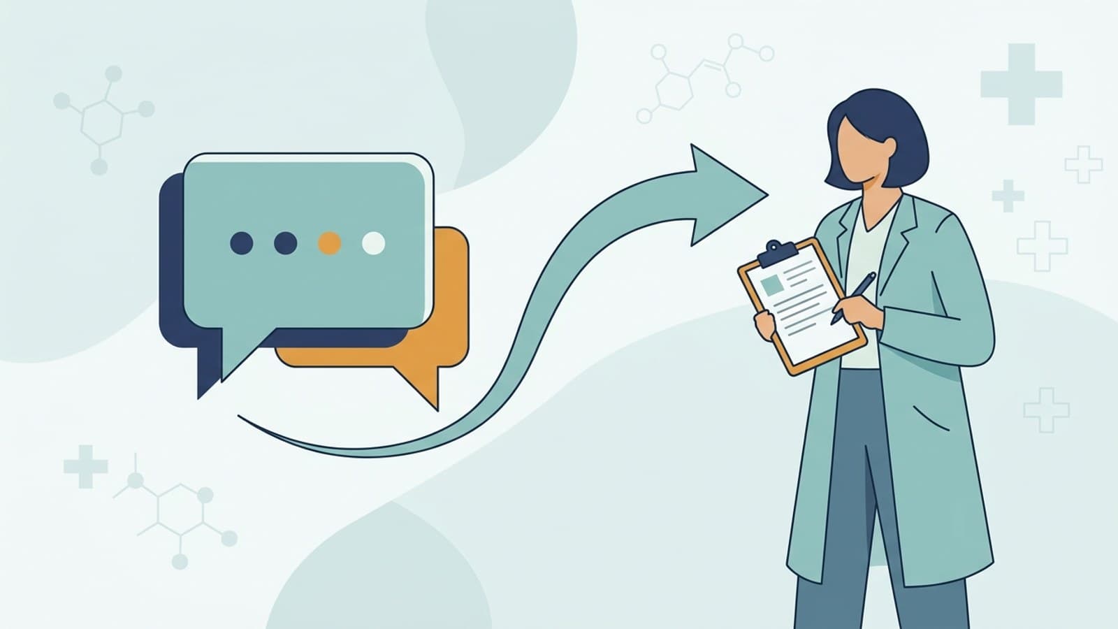 Editorial illustration of a chat conversation branching cleanly at a fork, with one path leading to an automated answer bubble and the other path leading to a silhouette of a clinician, representing a chatbot routing a clinical question to a human provider