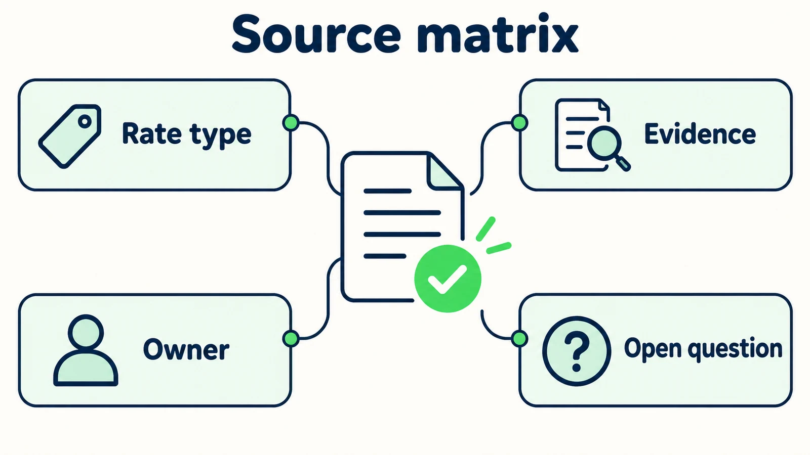 A source matrix connects rate type, evidence, policy owner and an open question.
