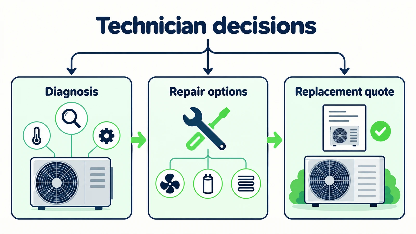 Technician decisions include diagnosis, repair options and a replacement quotation.