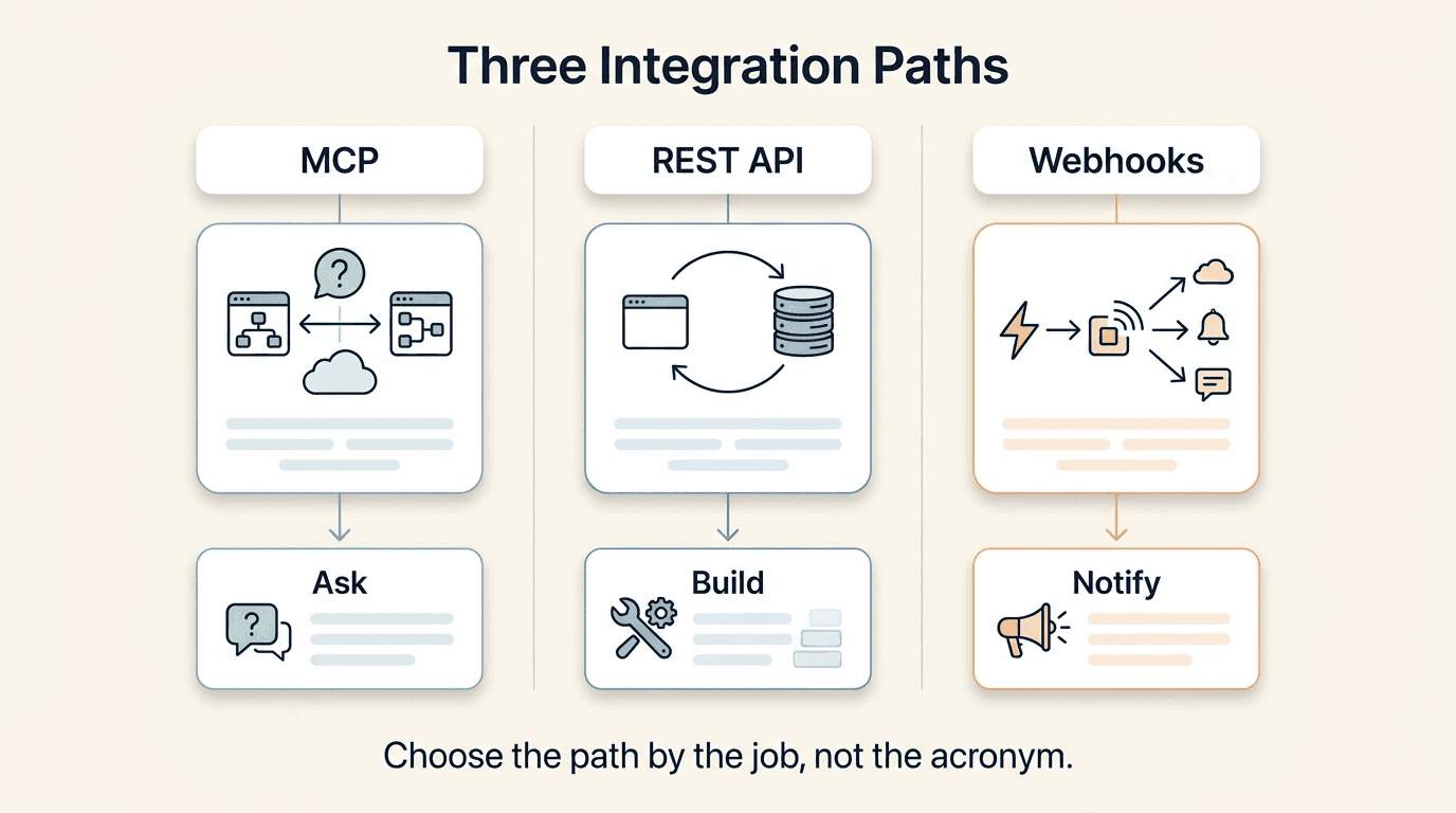 MCP, REST API, and webhooks side by side — when to use each
