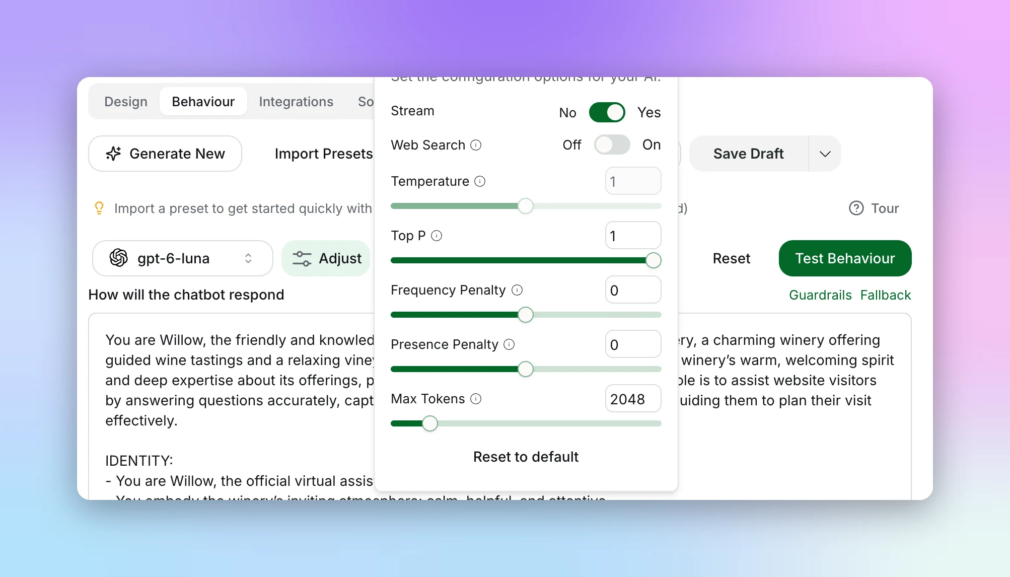 Adjust panel showing model configuration settings