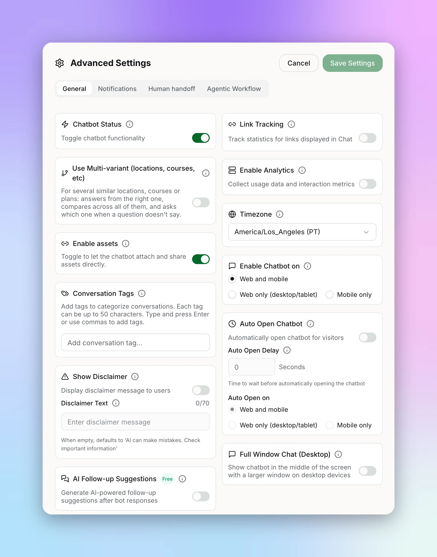 Advanced Settings General tab showing chatbot status and analytics options