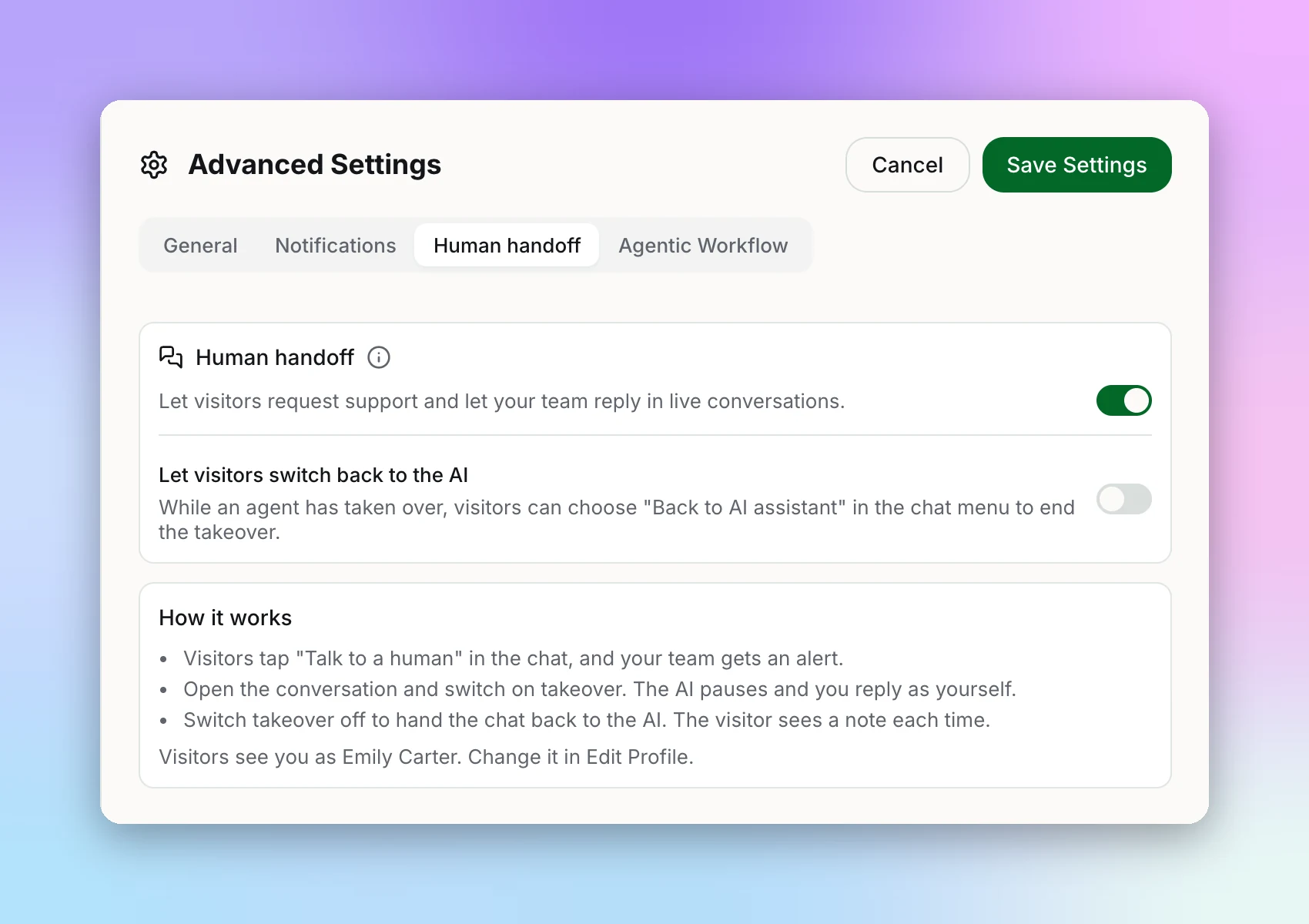 Human handoff tab with the Human handoff switch on, the Let visitors switch back to the AI switch, and a How it works summary