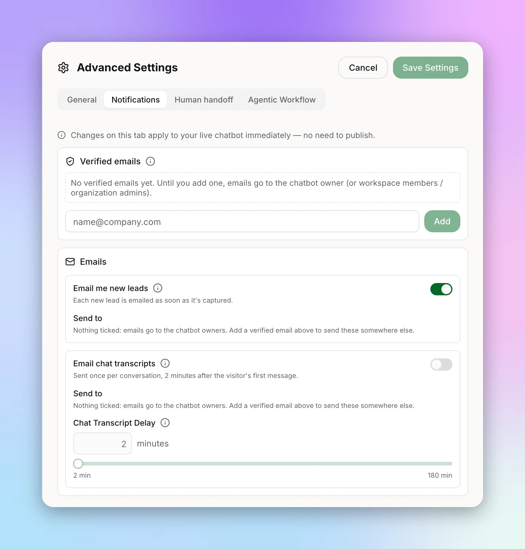 Notifications tab with the Verified emails list and the Email me new leads and Email chat transcripts cards, each with a Send to list