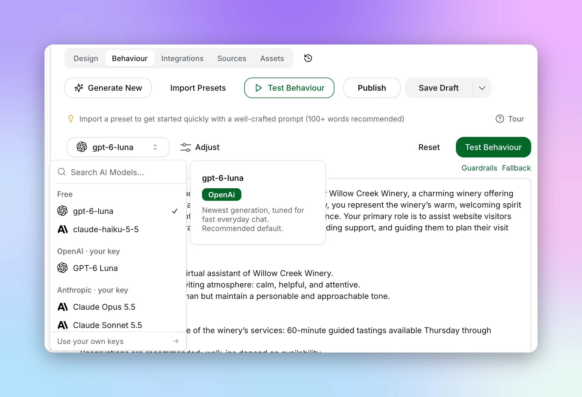 Model picker on the Behaviour tab grouped into Free (GPT-6 Luna, Claude Haiku 5.5), OpenAI your key, and Anthropic your key, with a Use your own keys link