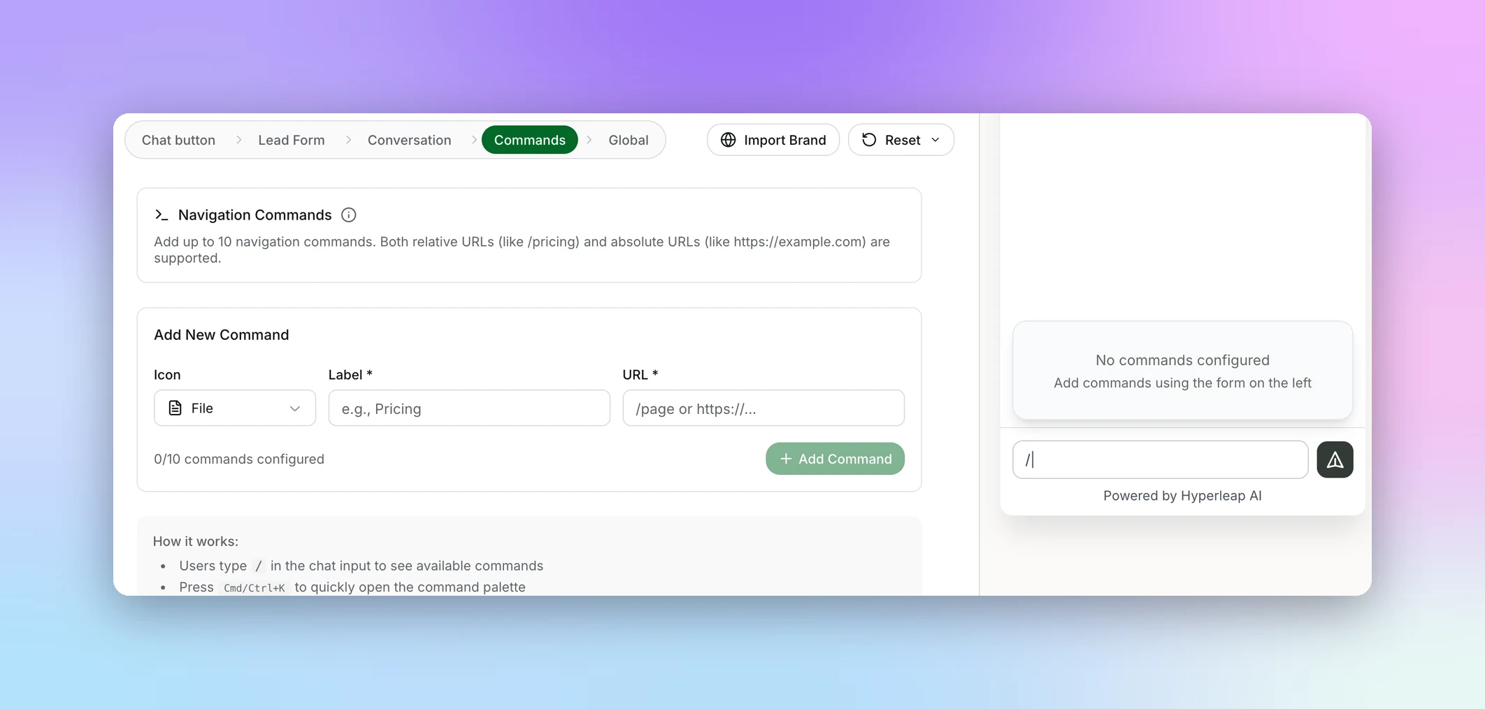 Commands screen with the Add New Command form (Icon, Label, URL) and the command palette preview