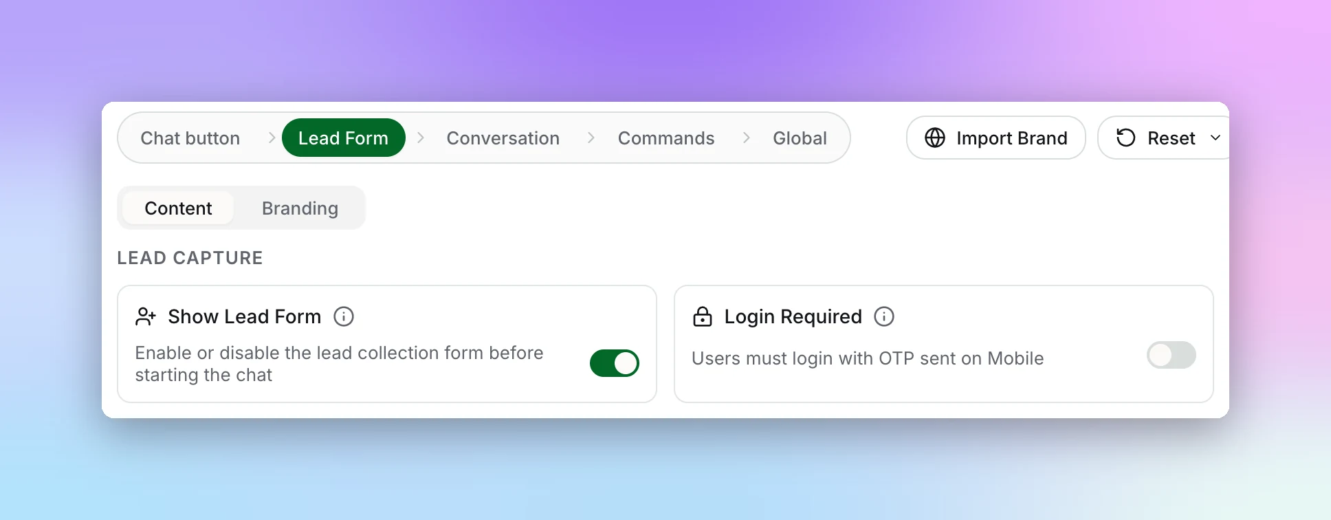 Lead Capture section on the Lead Form screen with the Show Lead Form and Login Required switches