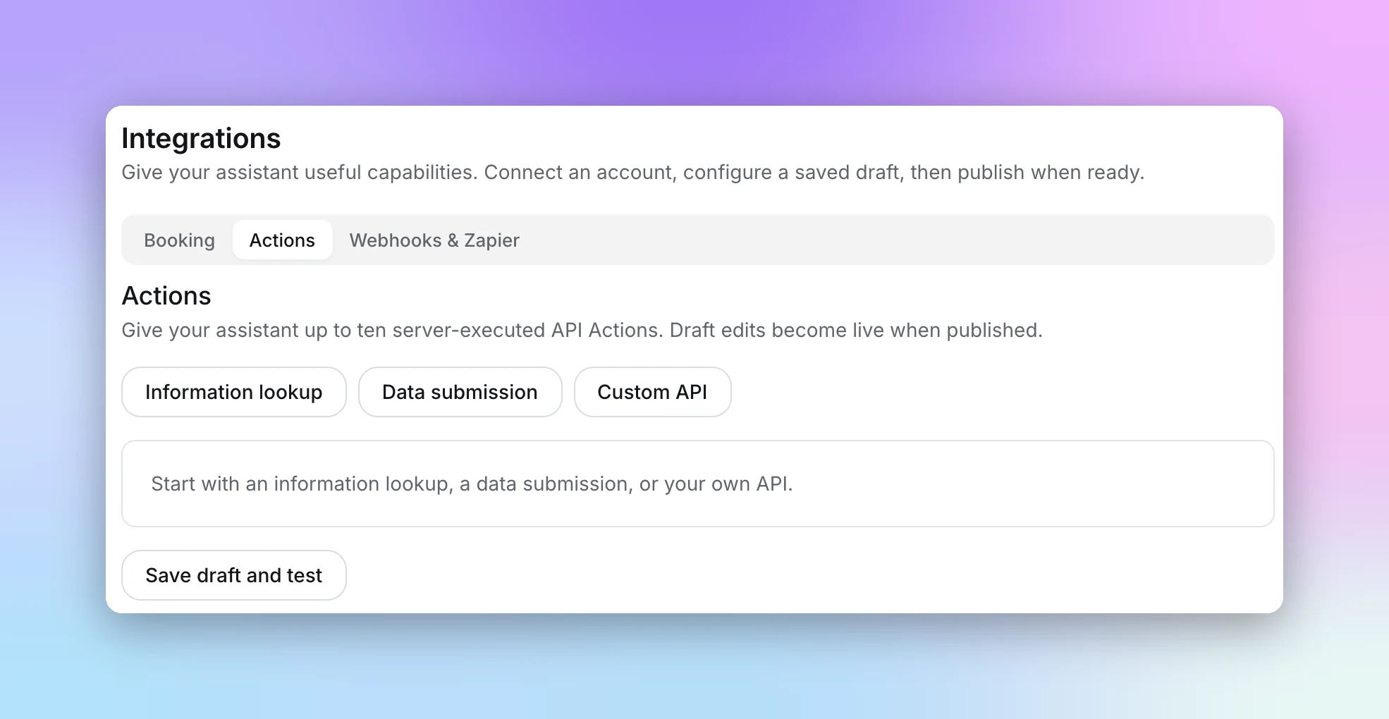Actions tab with Information lookup, Data submission, and Custom API starting points