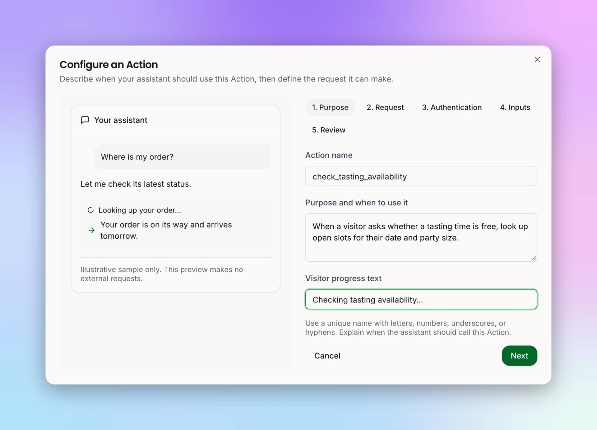 Configure an Action window on the Purpose step with Action name, Purpose and when to use it, and Visitor progress text