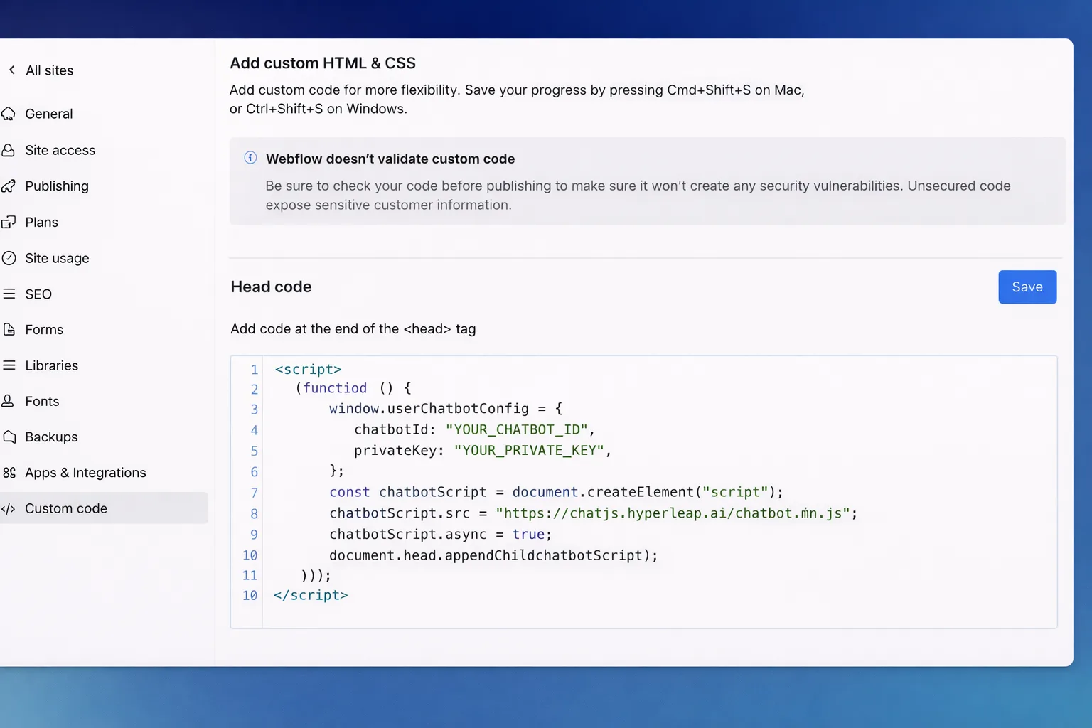 Paste into the Footer Code section