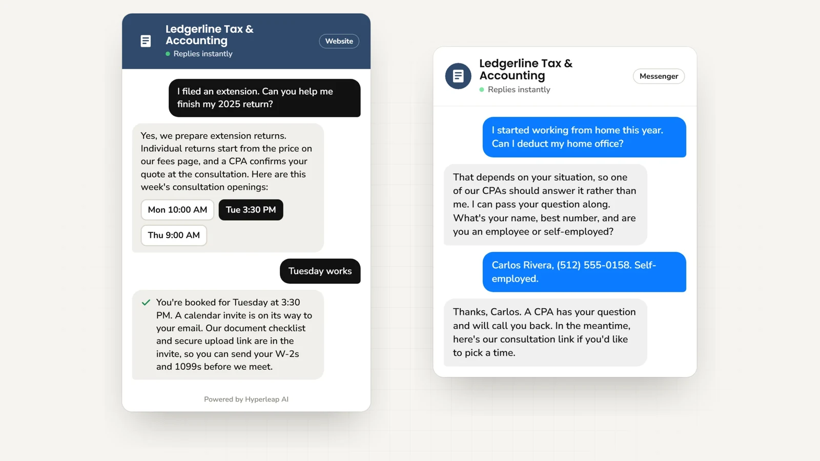 Two example conversations: on the website a client on an extension books a tax consultation; on Messenger a self-employed client asks whether a home office is deductible and the AI routes the question to a CPA for a call back