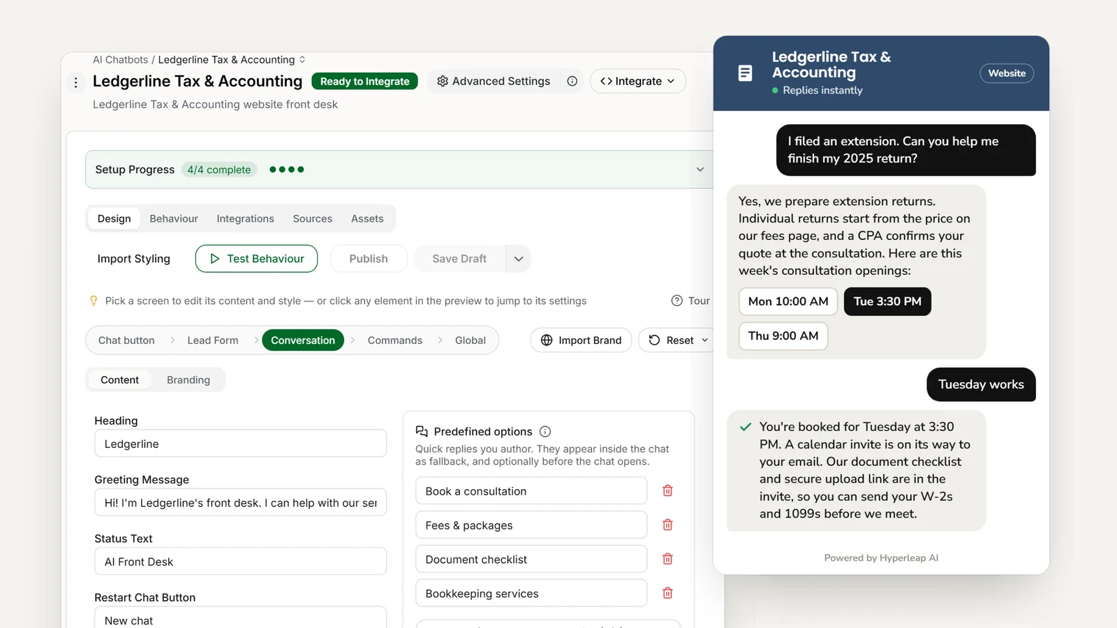 An accounting firm's AI front desk in Hyperleap AI: the editor with the firm's quick replies, and the website chat answering an extension-return question and booking a tax consultation