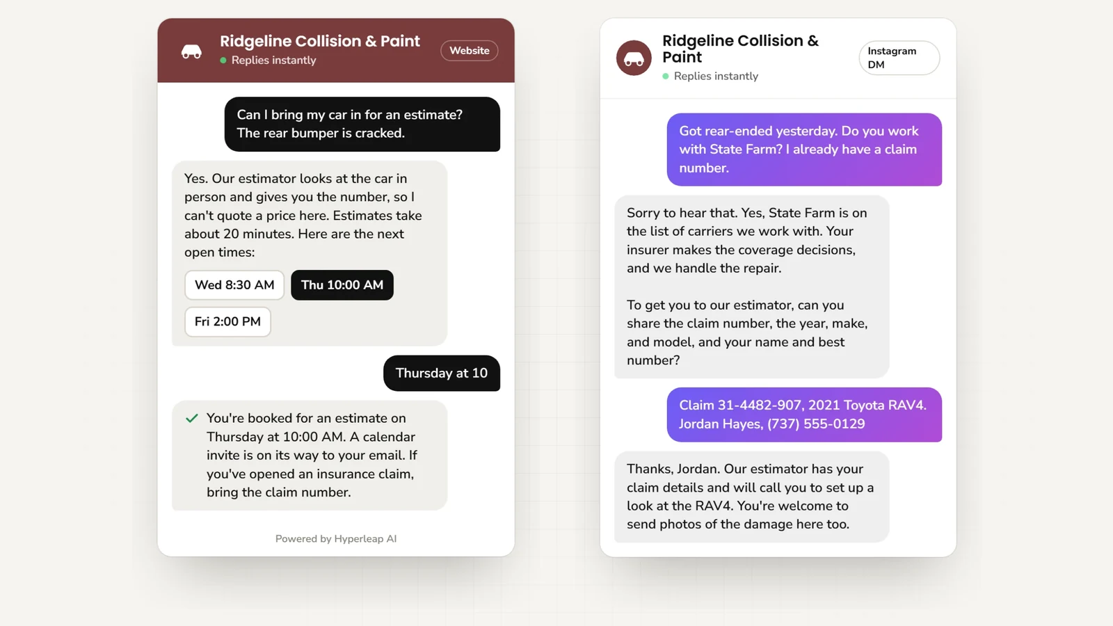 Two example conversations: on the website a customer with a cracked rear bumper books an in-person estimate; on Instagram DM a customer who was rear-ended confirms the shop works with their insurer and leaves the claim number, vehicle, and phone number for the estimator