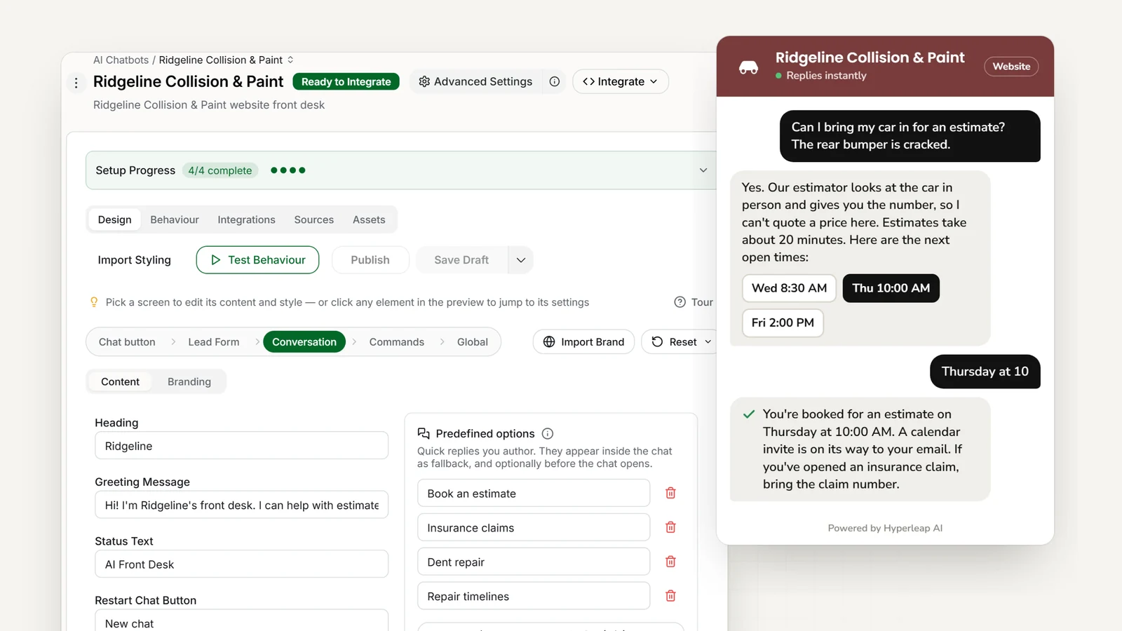An auto body shop's AI front desk in Hyperleap AI: the editor with the shop's quick replies, and the website chat answering a cracked-bumper question and booking an in-person estimate