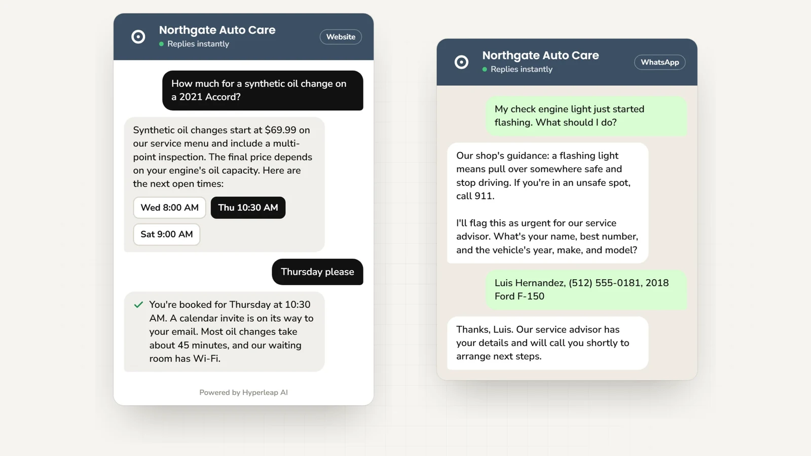 Two example conversations: on the website a customer gets the synthetic oil change price for a 2021 Accord and books a slot; on WhatsApp a driver with a flashing check engine light gets the shop's pull-over guidance and is flagged as urgent for the service advisor