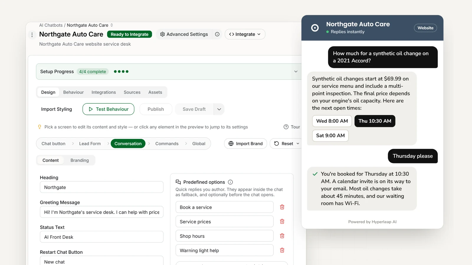 An auto shop's AI front desk in Hyperleap AI: the editor with the shop's quick replies, and the website chat quoting a synthetic oil change from the service menu and booking the visit