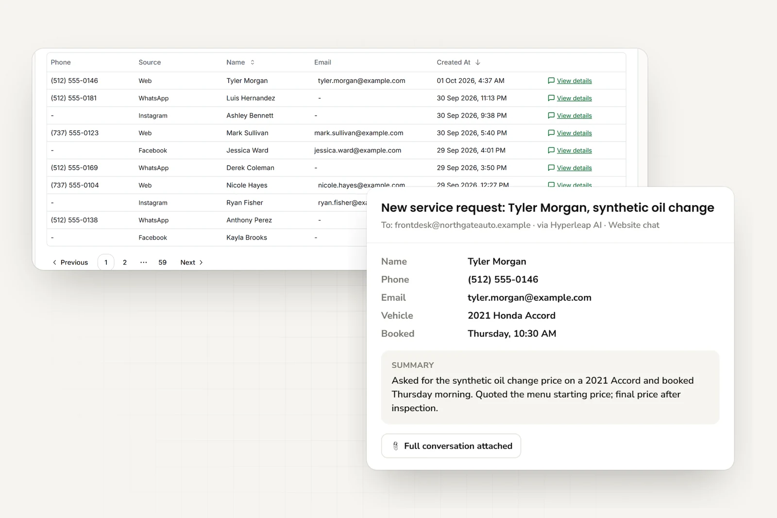 Service inquiries from website, WhatsApp, Instagram, and Facebook, and the email the service advisor receives with contact details, vehicle, booked time, and a short summary