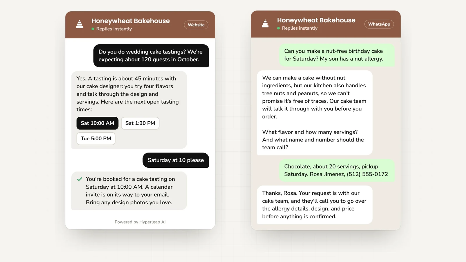 Two example conversations: on the website a couple asks about wedding cake tastings and books one; on WhatsApp a parent asks for a nut-free birthday cake, hears that the kitchen also handles nuts, and leaves the flavor, servings, and phone number for the cake team