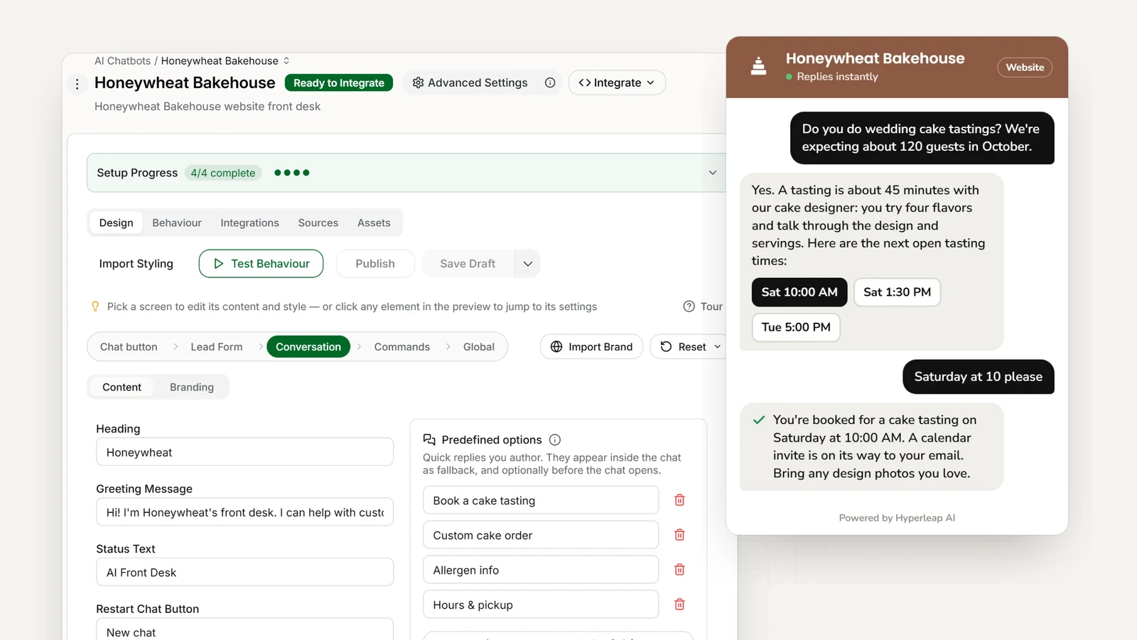 A bakery's AI front desk in Hyperleap AI: the editor with the bakery's quick replies, and the website chat answering a wedding cake question and booking a cake tasting