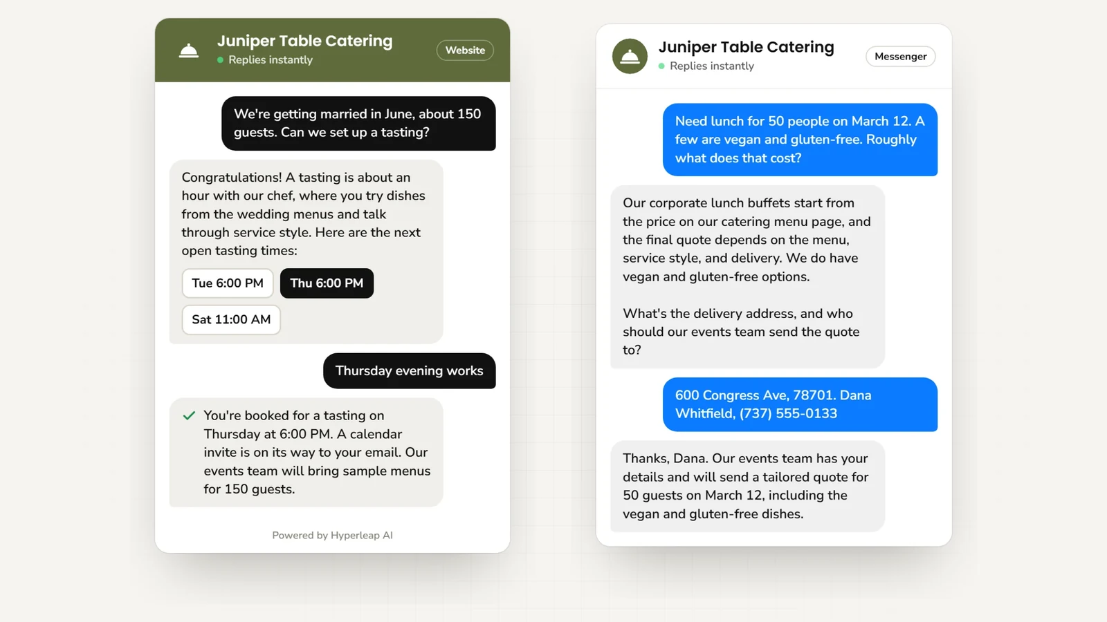 Two example conversations: on the website an engaged couple planning a 150-guest wedding books a menu tasting; on Messenger an office manager asks about lunch for 50 with vegan and gluten-free guests and leaves the delivery address and phone number for a quote