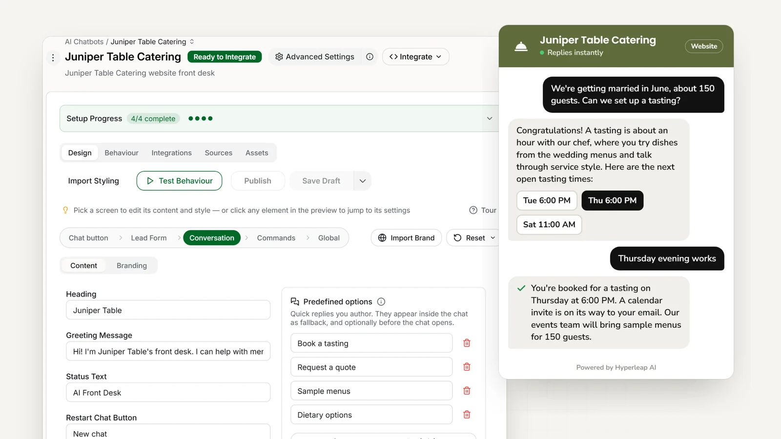 A caterer's AI front desk in Hyperleap AI: the editor with the caterer's quick replies, and the website chat answering a wedding question and booking a menu tasting
