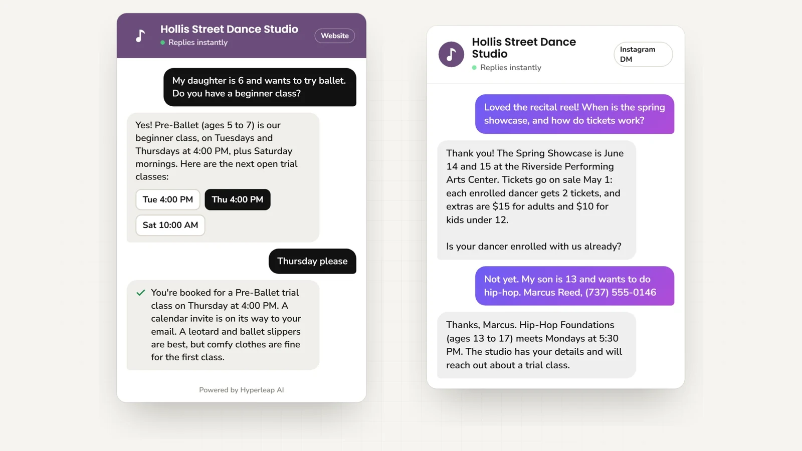 Two example conversations: on the website a parent of a 6-year-old books a Pre-Ballet trial class; on Instagram DM a parent who saw a recital reel gets the showcase dates and ticket prices, then leaves a phone number about a teen hip-hop class